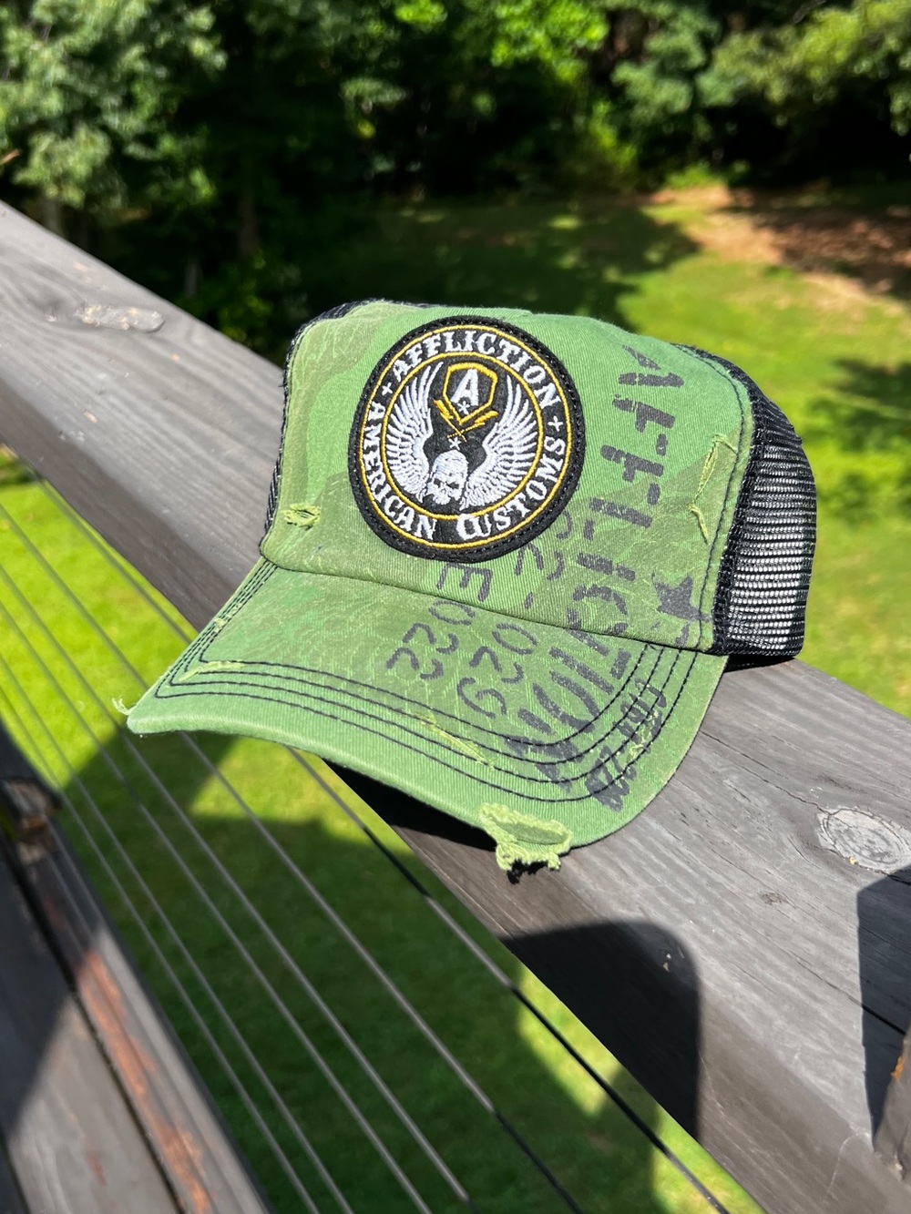 NWOT Affliction Trucker Hat Olive Green Skull American Customs Snapback